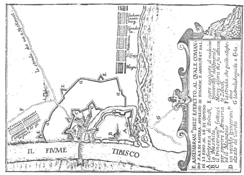 A szolnoki vár alaprajza az 1687-es hadjáratról készült rézkarc-sorozatból (részlet), olasz nyelvű jelmagyarázattal